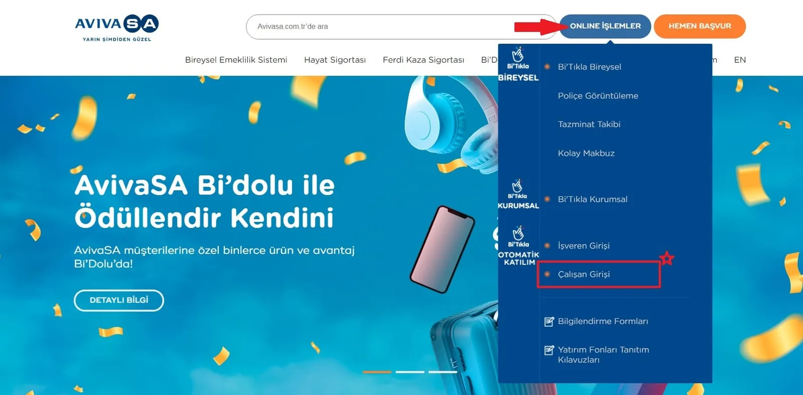 avivasa bes iptal menü